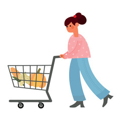 Woman Pushing Shopping Cart with Produce. White background, isolated	