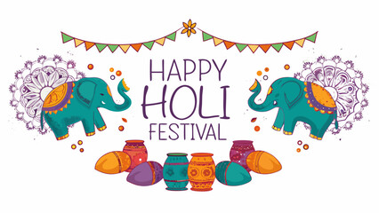 Naklejka premium A vibrant illustration celebrating the Holi Festival with colorful elephants and pots