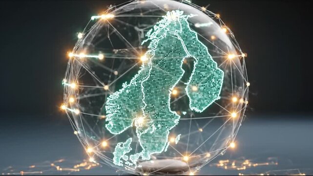 A globe encased in a web with points of light. The map of Scandinavia is highlighted in green