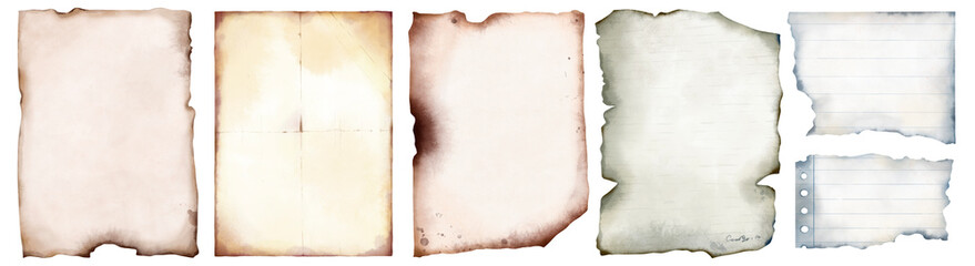 Watercolor hand drawn old paper sheet isolated on white background. Illustration of old paper sheet with worn edges. Set of yellowed parchment sheet. For vintage cards, invitations, paper page texture