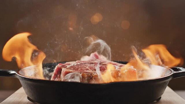 Searing Ribeye Steak with Flames, gourmet steak concept
