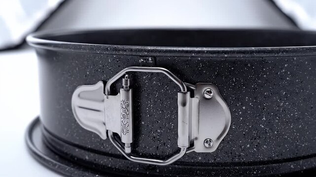 Black Speckled Springform Pan Close Up Studio Shot With Silver Buckle Mechanism