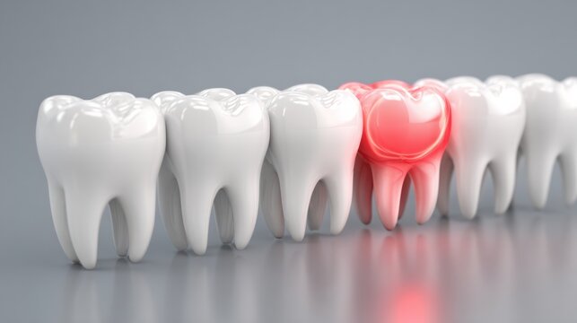 Crowding Pressure Causes Misalignment in a Row of White Teeth With a Wisdom Tooth Pushing Through and Creating a Red Light Effect
