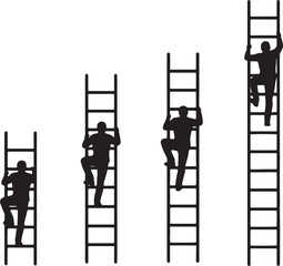Four silhouettes climbing ladders of different heights also transparent background people black © MeJaMa
