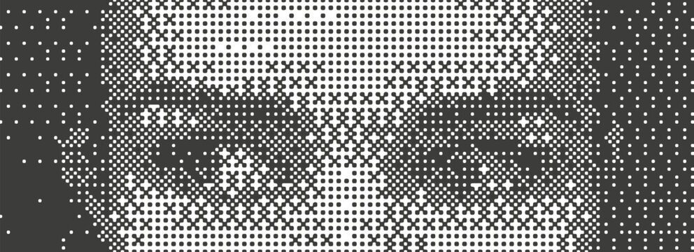 Abstract pixelated human eyes with dither effect. Retro digital halftone texture and 1-bit aesthetic. Vintage computer game look for cyberpunk design, y2k web banners, and avantgarde graphic art.