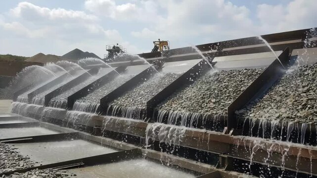 Medium shot of wet crushed stone screening showing water spray washing and sorting stones by size emphasizing moisture impact on material processing.