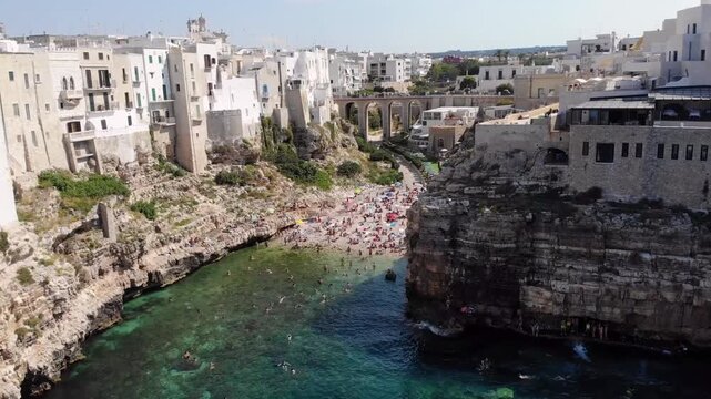 Aerial View of Lama Monachile Beach in Polignano a Mare, Puglia, Italy