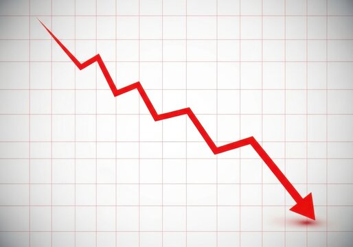 A red downward trend line on a graph with a grid background and a downward arrow