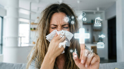A girl sneezes into a tissue and presses the hospital button on a virtual interface with allergens