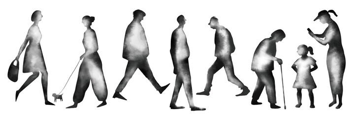 Watercolor hand drawn different human figures silhouette isolated on white background. Illustration of walking people silhouettes. Black ink style. Men, women, grandmother, child, dog