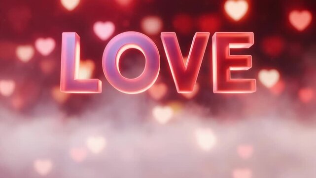 Animated 3d love lettering with glowing bokeh hearts and moving clouds. Valentine&rsquo;s Day greeting background concept for romantic celebration.