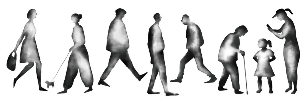 Watercolor hand drawn different human figures silhouette isolated on white background. Illustration of walking people silhouettes. Black ink style. Men, women, grandmother, child, dog