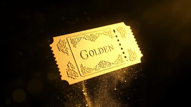 A golden ticket floats in the dark, surrounded by sparkling dust and light.