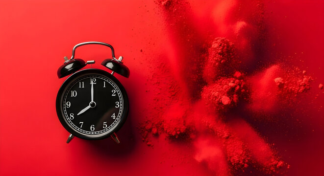 Time Pressure Deadline: Vintage black alarm clock on vibrant red background with exploding red powder, fast pace of life, stress management, urgency and productivity concept