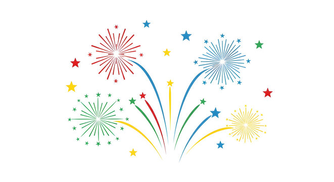 Vibrant fireworks exploding in colorful celebration with stars isolated on transparent background, high resolution PNG cutout, no background, professional stock image