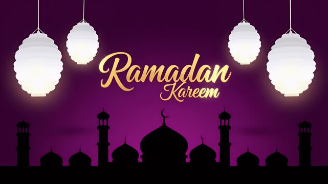 Glowing lanterns and mosque silhouette on purple background for Ramadan Kareem.