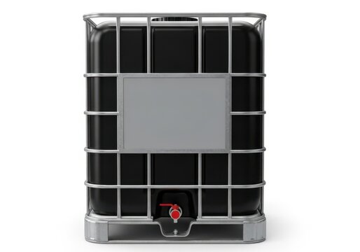 Black plastic ibc tote container with metal cage isolated on white background