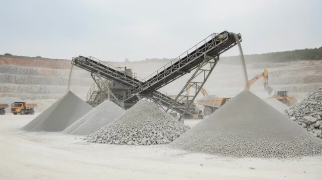 Medium shot of machinery sorting limestone by size creating distinct piles for efficient stockpile management at an industrial site.