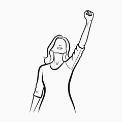 A minimalist line drawing depicts a woman with a raised fist symbolizing strength and defiance presented as a striking silhouette high quality professional