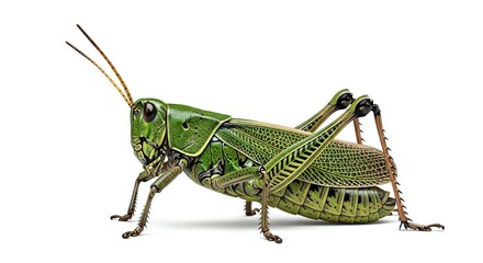Green grasshopper close-up side view isolated on white background, insect macro photography