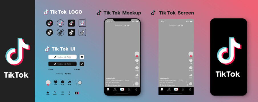 TikTok mockup template with mobile screen layout and TikTok logos for short-form content presentation, tik tok logo, icon, tik tok UI, stock vector 