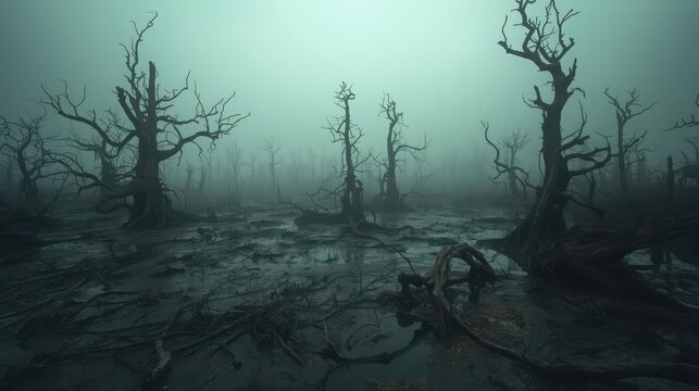 Desolate barren landscape with dead trees in misty environment.