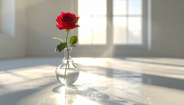 Single Red Rose in Vase Bathed in Sunlight.