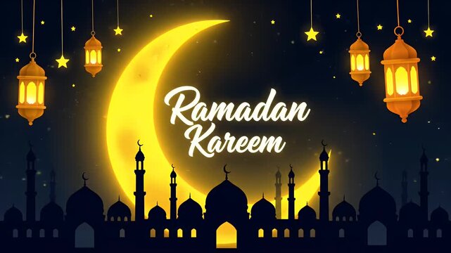 Ramadan Kareem banner with mosque, lantern and crescent moon in dark night sky