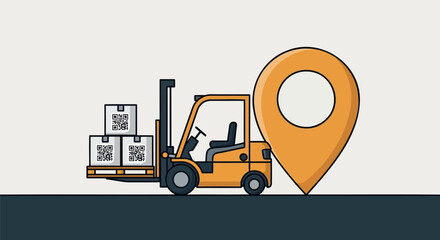 Vector illustration of orange forklift with packages and location pin, for logistics or delivery concept, Isolated on transparent background, png