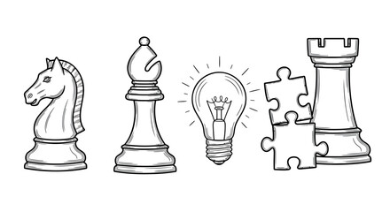 line drawing of chess pieces and puzzle with lightbulb idea vector icons, business concept, for presentation or website