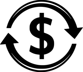 Black and white icon of the dollar symbol surrounded by two arrows forming a circle and representing money turnover
