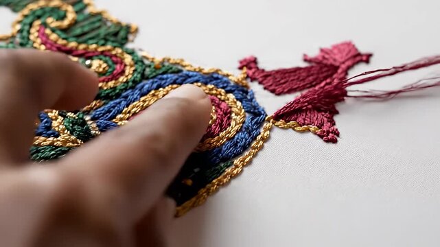A woman is carefully embroidering a colorful pattern on fabric. The woman's skilled hands showcase intricate needlework with vibrant threads and textures.