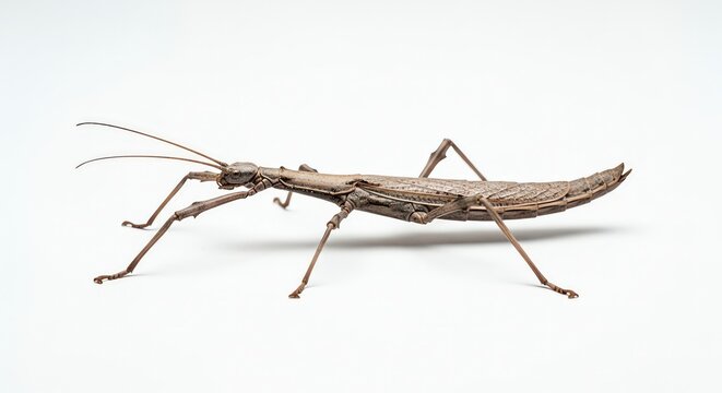 A detailed, full-body photograph of a slender stick insect against a plain white background, showcasing its intricate anatomy and camouflage