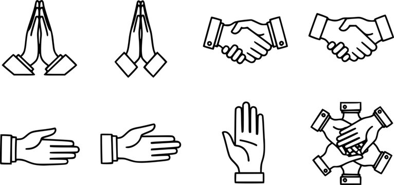 Clasped hands icons set. Line art icons represent diverse hand gestures, symbolizing prayer, agreement, greeting, and collaboration
