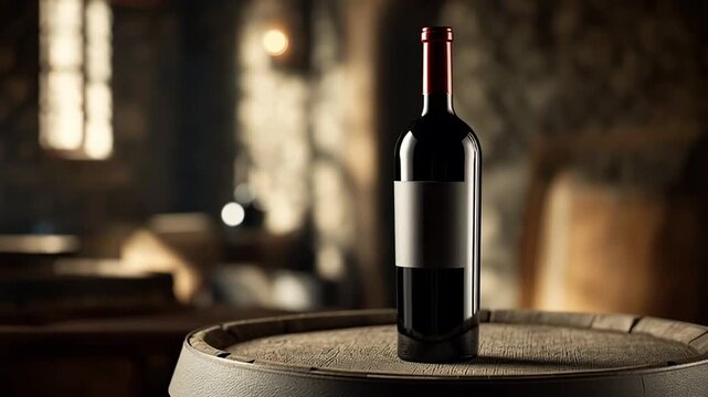 Bottle of red wine standing on wooden barrel inside rustic cellar showcasing winemaking tradition premium quality and elegant winery atmosphere