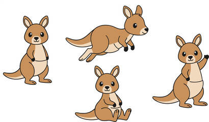 Fototapeta premium Cute Kangaroo Cartoon Collection Flat Vector Illustration Set Isolated on White Background