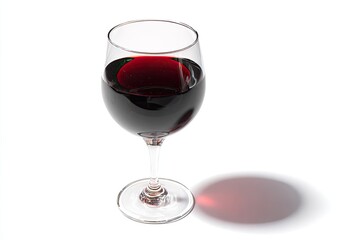A stemware glass is filled with deep red liquid, casting a shadow, isolated against white