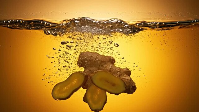 Ginger Root in Golden Liquid, natural wellness concept