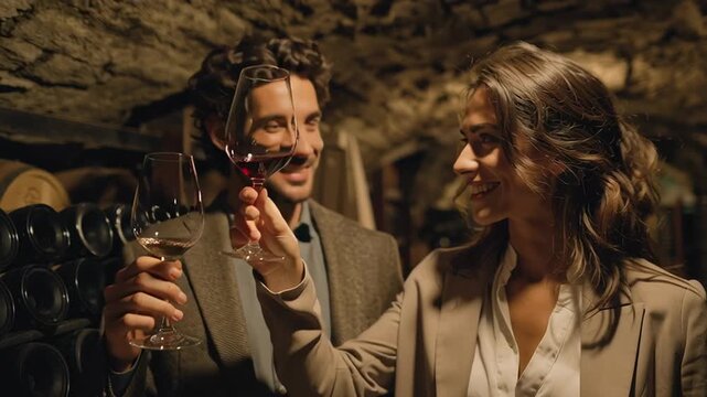 Happy couple enjoying wine tasting in a traditional cellar holding glasses and sharing a warm moment that reflects romance lifestyle and winemaking culture