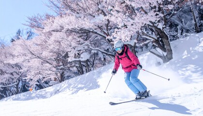 Woman skiing down a snowy slope on a bright winter day.