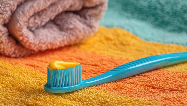 Close-up of a blue toothbrush with yellow paste on colorful, textured towels