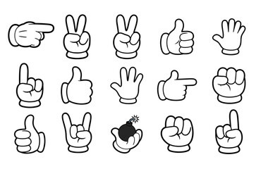 Hand gesture icons set, finger signs thumbs point and communication symbols vector outline on transparent background