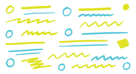 Yellow and blue squiggly lines and circles pattern, abstract background element, for website or presentation design, overlay effect, vector graphics