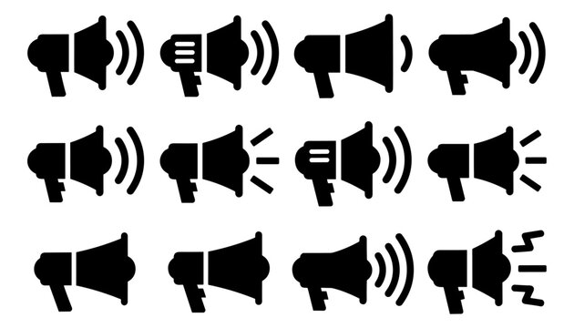 Sound and volume icons set, speaker megaphone audio and alert symbols vector silhouettes on transparent background
