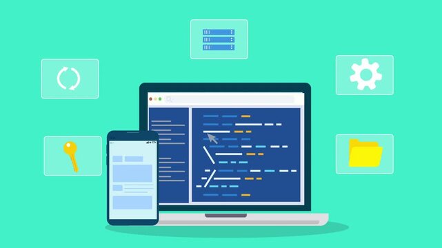 Flat illustration of software development workspace with laptop displaying code editor, mobile interface, and system icons representing programming and digital technology workflow.
