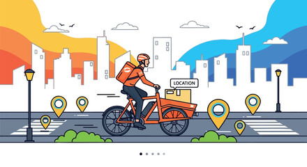 Delivery cyclist riding through cityscape with map pins, for logistics or transportation concept, vector illustration
