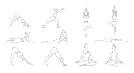 Vector yoga poses illustrations, various asanas for meditation or fitness, line art style, isolated on transparent background, png