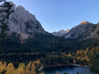 Mountain landscape with autumn forest and lake in Catalonia