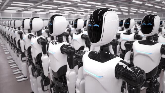 Rows of advanced AI-powered humanoid robots standing in an industrial warehouse. Future of AI driven industrial automation, machine learning and AI robotics. 3d animation rendering