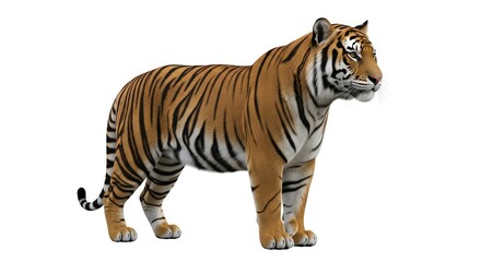 Obraz premium Majestic Bengal tiger standing elegantly against a pristine white background, showcasing its powerful form and striking striped coat, embodying raw wilderness